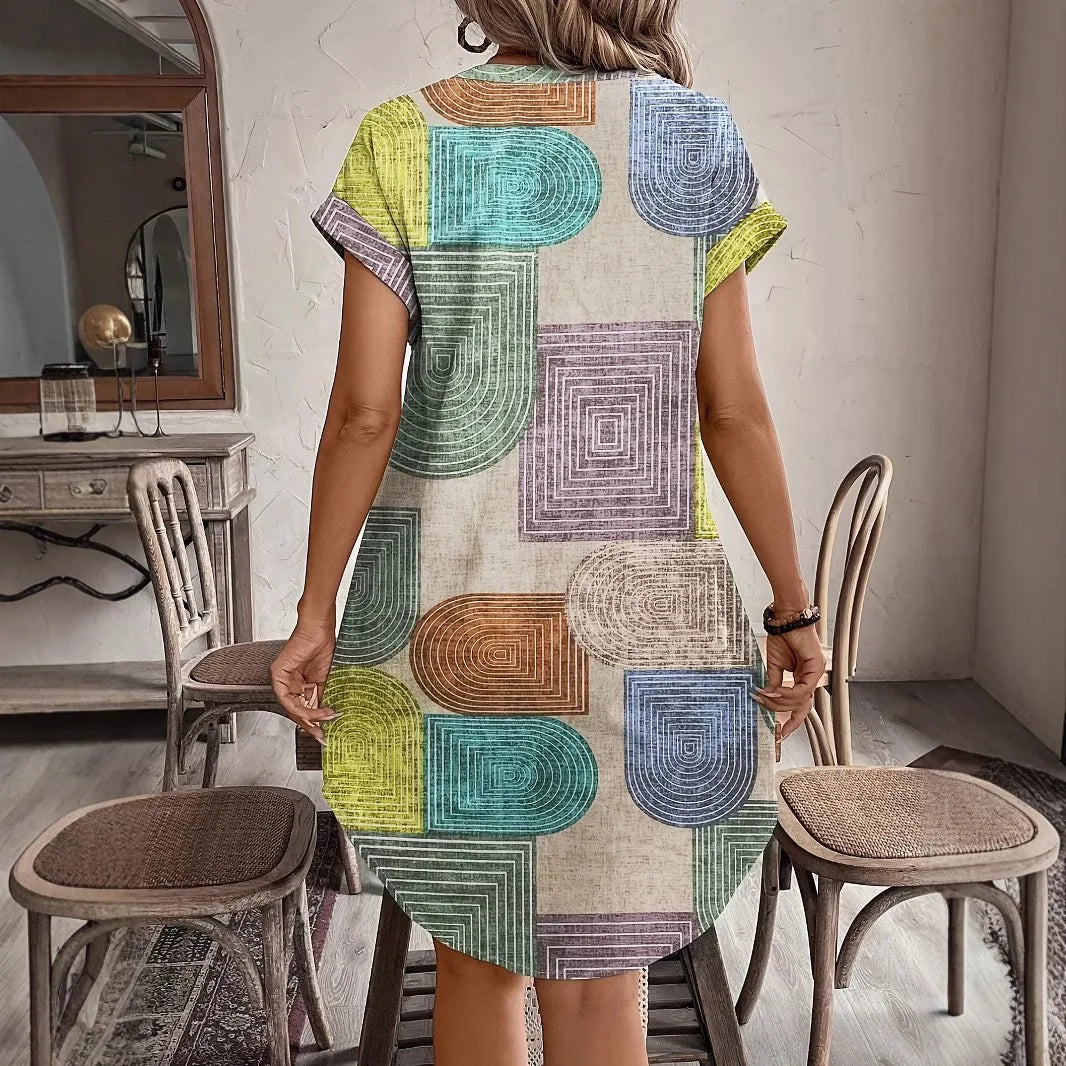 2025 European and American women's clothing foreign trade Amazon summer geometric printing elegant V-neck button up dress