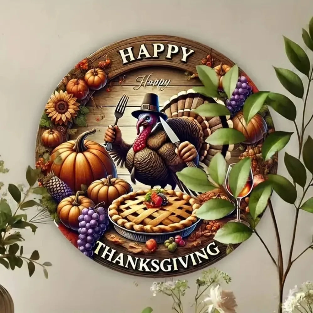 "'Happy Thanksgiving' – 1pc 2D Round Plaque | Embellished with Turkey & Autumn Harvest Motifs – Perfect for Holiday Decor"