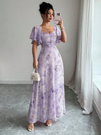 Pink Butterfly Print Chiffon Maxi Dress with Ruched Bodice and Batwing Sleeves for Summer