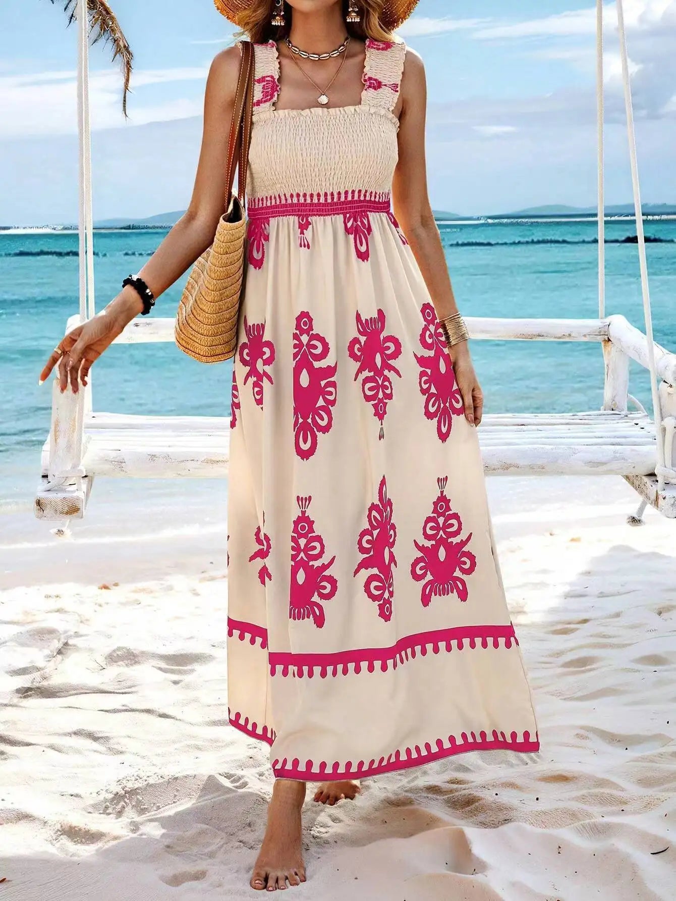 VEITCHE Summer Vacation Style Women Dress Fashionable Printed Sexy Sleeveless Strap Casual Comfortable Beach Long Sundress