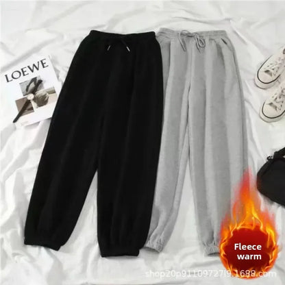 Thickened Fleece Black Sports Pants Pure Color Casual Trousers Autumn Winter New Style Slimming Harlan Pants for Women