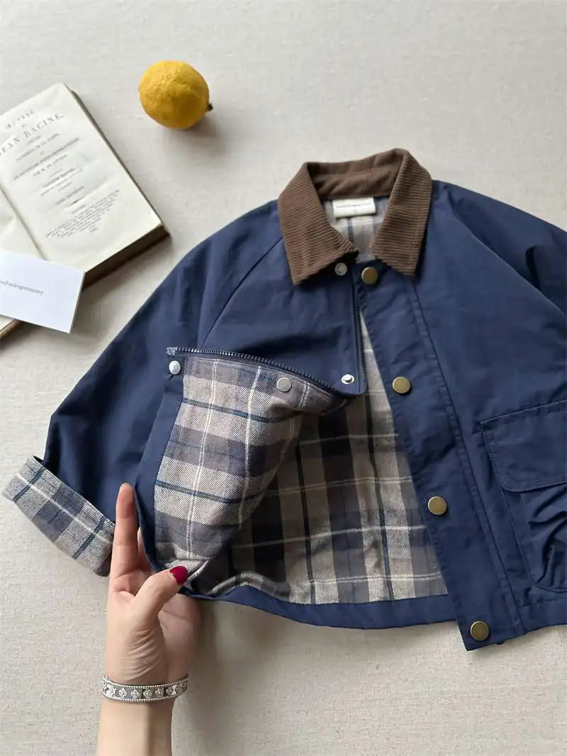 2025  Spring Autumn Kids Boys Jacket Plaid Spliced Pocket Long Sleeve Toddler Boys Outerwears Coat Children Boys Jacket