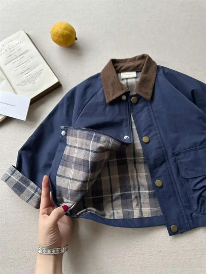 2025  Spring Autumn Kids Boys Jacket Plaid Spliced Pocket Long Sleeve Toddler Boys Outerwears Coat Children Boys Jacket