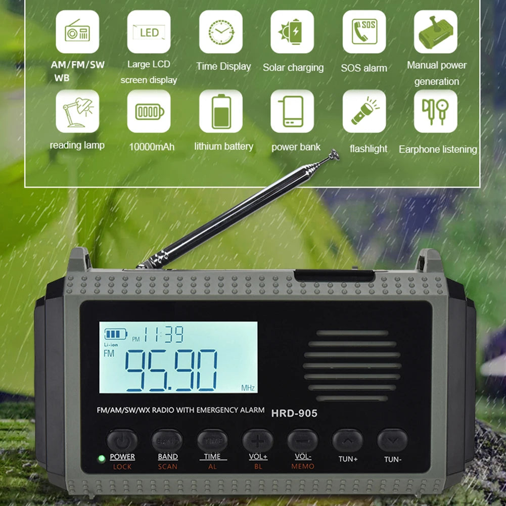 Small Rechargeable Portable Radio Solar Powered Emergency Power Bank survival with LED Flashlight USBC Charging Hand Crank Radio