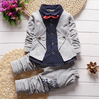 Autumn toddler boy polka dot V-neck bow tie shirt+suit jacket+letter printed trousers 3Pcs suit