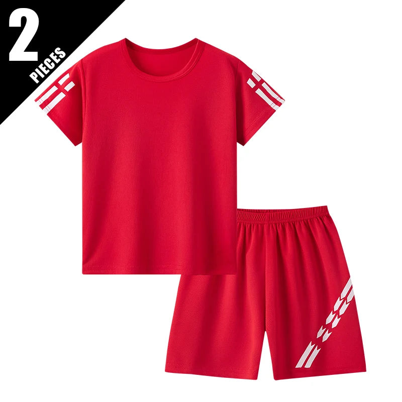 2 Pieces Children's Summer Solid Color Quick Drying Breathable Set Boys' Sports Running Is A Comfortable Top Girls' Loose Shorts