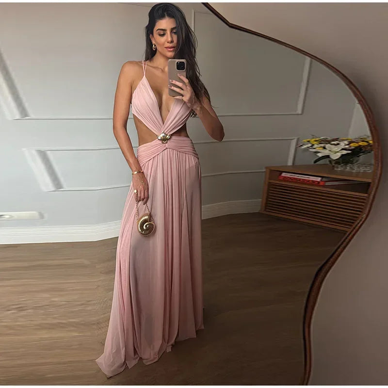 Sexy Hollow Out Bikini Long Dress Mesh Backless Lace Up Sleeveless Female Dresses 2025 Summer Lady A-line Pleat Robe Beach