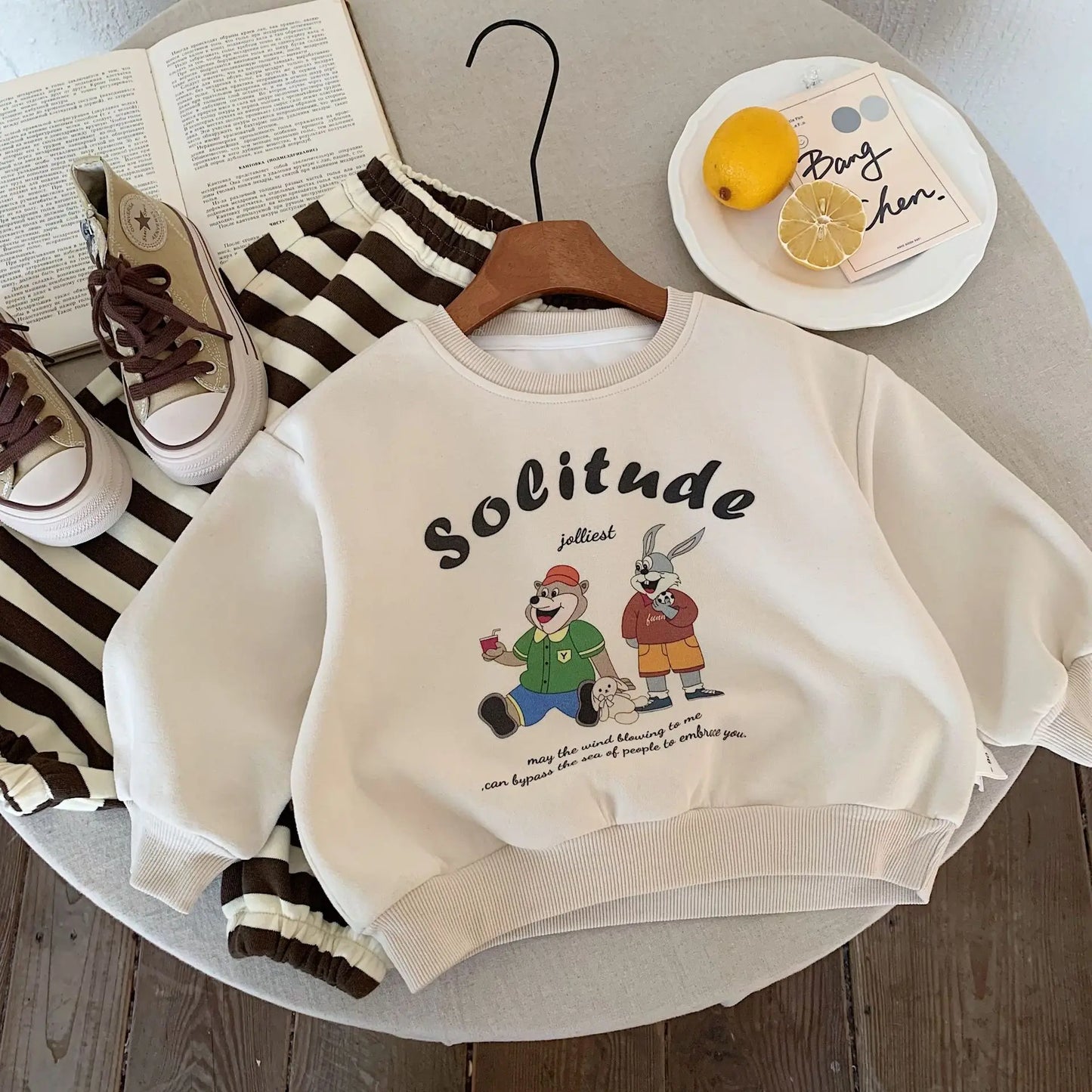 Kids Baby Boys Autumn Sets Cartoon Printed Sweatshirt+striped Elastic Waist Pant 1-8Y Boys Sets Loose Casual Baby Boys Sport Set