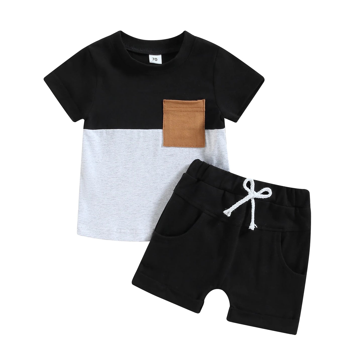 2023-02-01 Lioraitiin 0-3Years Toddler Boys 2Pcs Summer Outfit Sets Short Sleeve Contrast Color Tops Solid Drawstring Shorts
