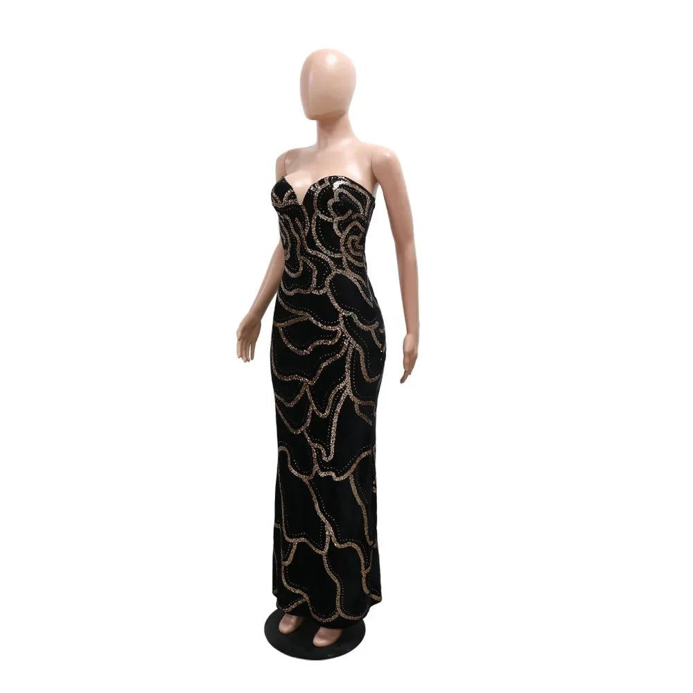 2024 Fall Floral Sequined Strapless Women Sleeveless Long Dress Sexy Birthday Party Evening Prom Maxi Dresses Vestidos
