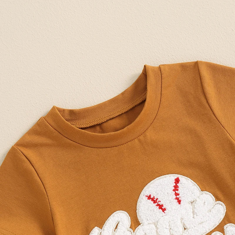 Toddler Boys 2-Piece Outfit Short Sleeve Tee with Fun Embroidery and Matching Baseball Print Shorts for a Stylish Summer Look