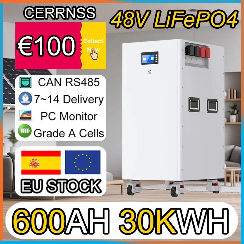 48V 30KW 15KW LiFePO4 600Ah 300Ah Battery Pack 16S 200A BMS Portable Wheeled 51.2V 300Ah 100Ah Lithium battery Ship from EU