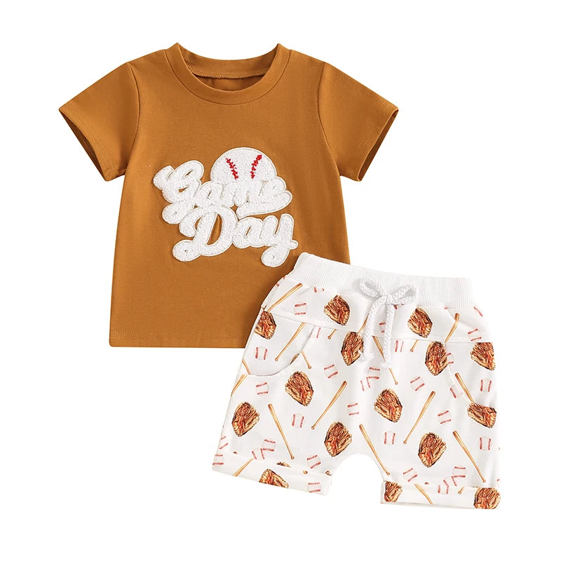 Toddler Boys 2-Piece Outfit Short Sleeve Tee with Fun Embroidery and Matching Baseball Print Shorts for a Stylish Summer Look