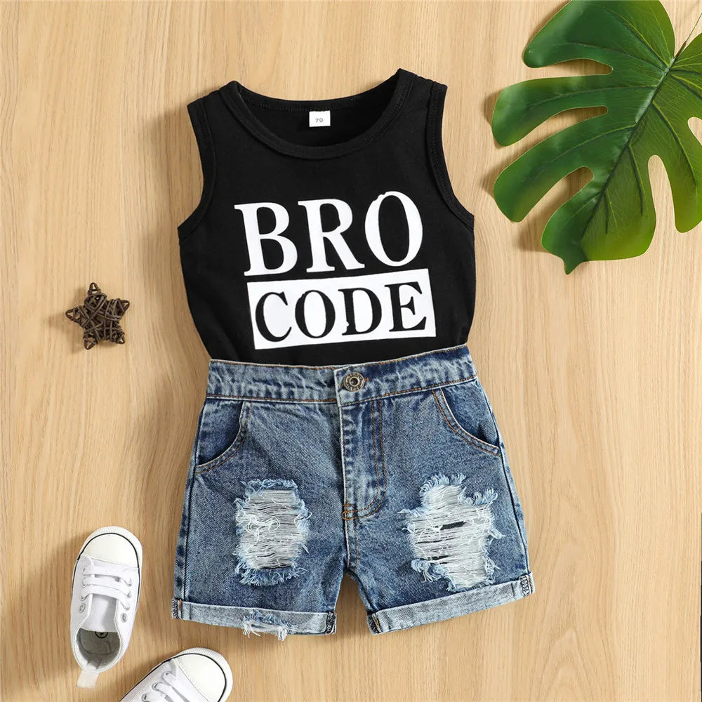 Infant Baby Toddler Boys Summer Outfit Set Round Neck Sleeveless Letter Print Tank Tops with Ripped Denim Shorts 3M-3T