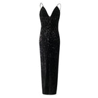 Black Dresses Women Glitter Sequined Sleeveless Suspender Long Dress Women's V-Neck Bodycon Backless Floor Length Split Dress