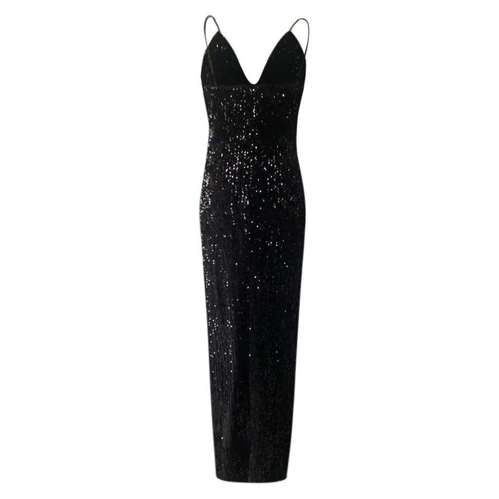 Black Dresses Women Glitter Sequined Sleeveless Suspender Long Dress Women's V-Neck Bodycon Backless Floor Length Split Dress