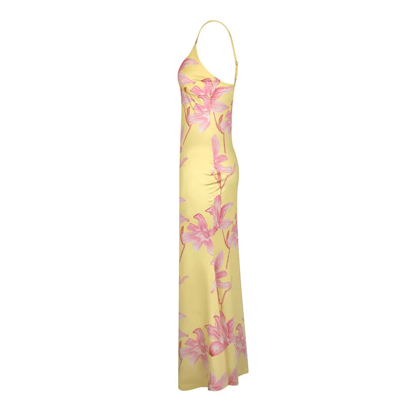 Women Sling Maxi Dresses Summer New Streetwear Fashion Print Casual Slim Dress Sexy Backless V-Neck Elegant Lady Dress Clothing