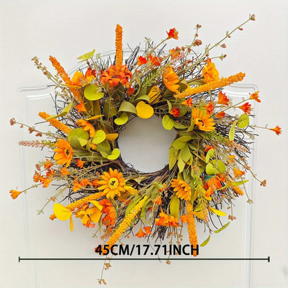 17.7" Fall Wreath for Front Door Orange Farmhouse Harvest Sunflower Wreath with Daisy Flowers Thanksgiving Wreath for Front Door