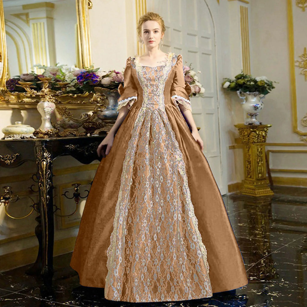 18th Century Medieval Dress Women High Waist Half Sleeve Ball Gown Princess Lace Patchwork Satin Dress Queen Renaissance Costume