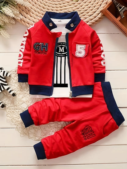 Autumn Toddler Boy Loose Set Digital Printed Coat+T-shirt+Casual Sports Pants 3-Piece Set
