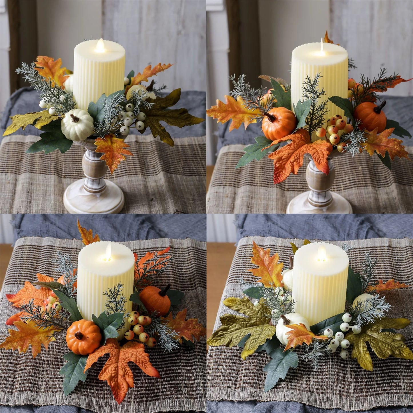 Fall Harvest Pumpkin Maple Leaf Candle Ring Wreath for Thanksgiving Farmhouse Table Centerpiece Decorations and Festival Display