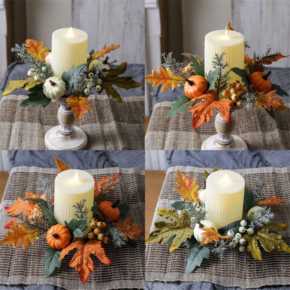 Fall Harvest Pumpkin Maple Leaf Candle Ring Wreath for Thanksgiving Farmhouse Table Centerpiece Decorations and Festival Display