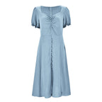 Slim Long Dresses Women Bodycon Button Up Square Neck Pleated Wrap Split Maxi Dress Summer Elegant Short puff Sleeve Sundress