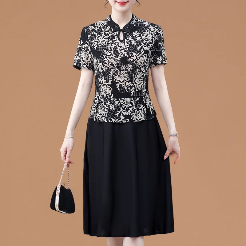 Mom's Summer New Style Cheongsam Elegant and Slimming Middle-aged Women's Wear Fake Two-piece Dress