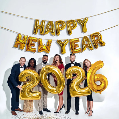 Gold Sliver Happy New Year 2026 Foil Balloons Hello 2026 Letter Balloon Banner Garland Christmas New Year Eve Decorations