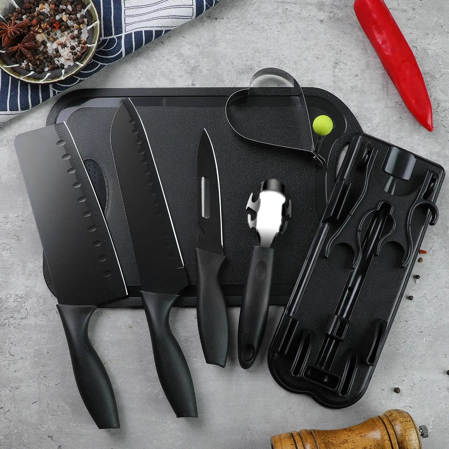 5/7-Piece Black Kitchen Knife Set - Professional Chef Knife, Fruit Knife, Meat Cleaver, Cutting Board, Heart-Shaped Egg Mold