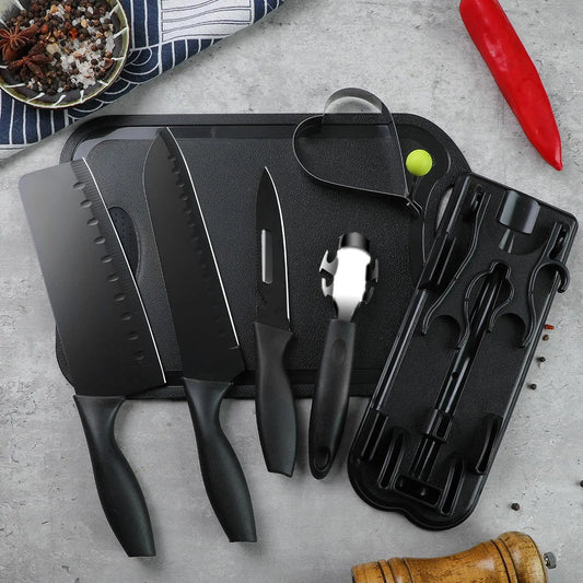 5/7-Piece Black Kitchen Knife Set - Professional Chef Knife, Fruit Knife, Meat Cleaver, Cutting Board, Heart-Shaped Egg Mold