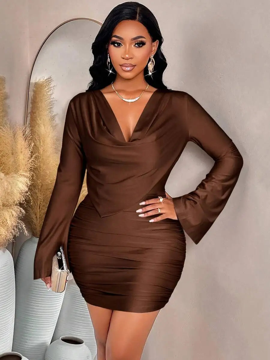 Sparkly Brown V-Neck Ruched Mini Dress with Flare Sleeves and Tie Waist