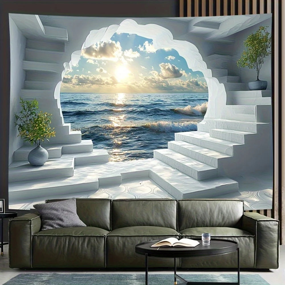 Seaside Window Scene Tapestry - Soft polyester wall art with vibrant ocean scenery, hand-stitched edges, bedroom and home decor