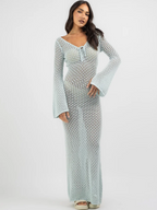 Women s Long  Fit Dress Long Sleeve V Neck Tie Up Knitted Crochet Beach Dresses
