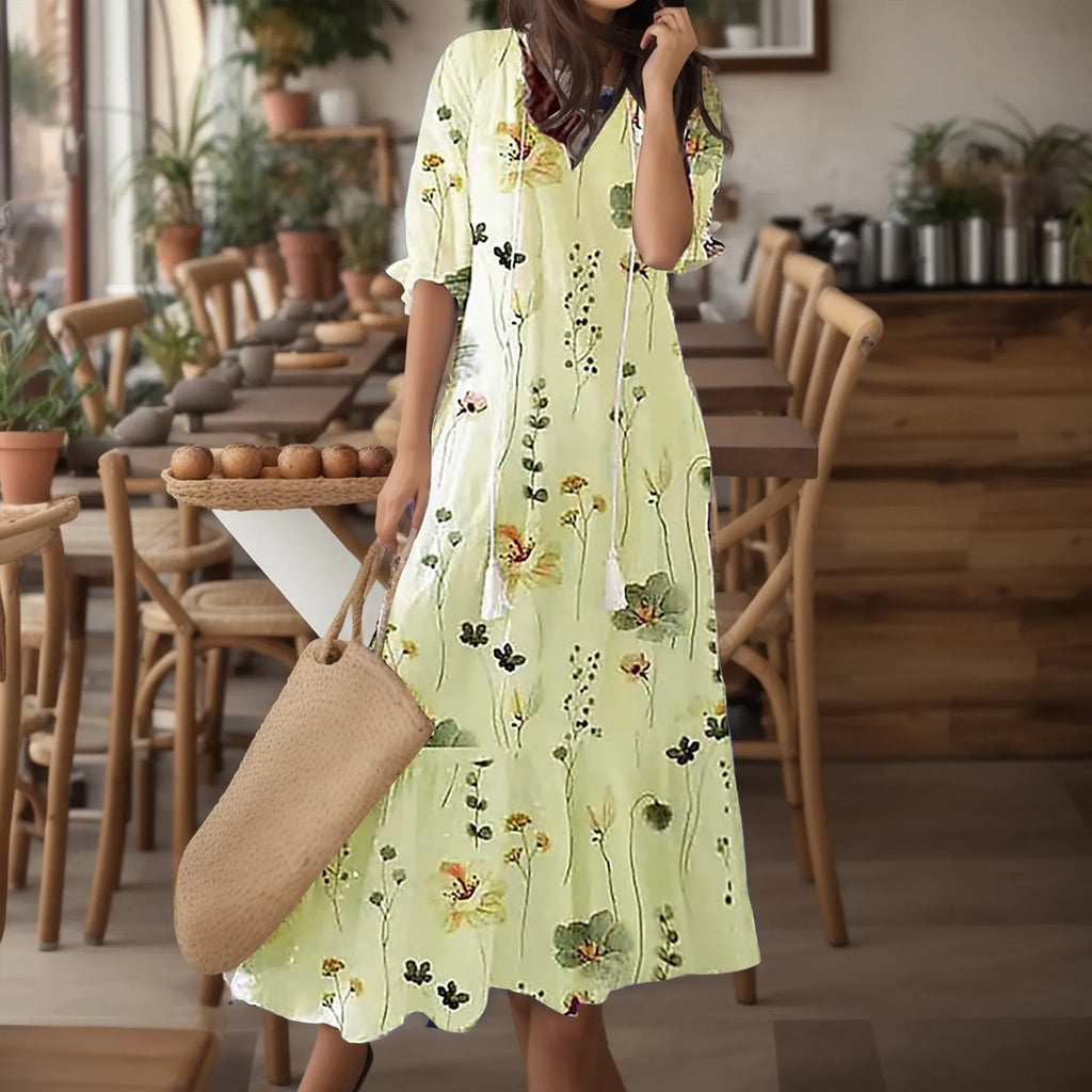 Women Dresses Casual Loose Comfortable Plus Size Dress With Tassels Bohemian Printed V Neck Long Length Woman Vestidosct