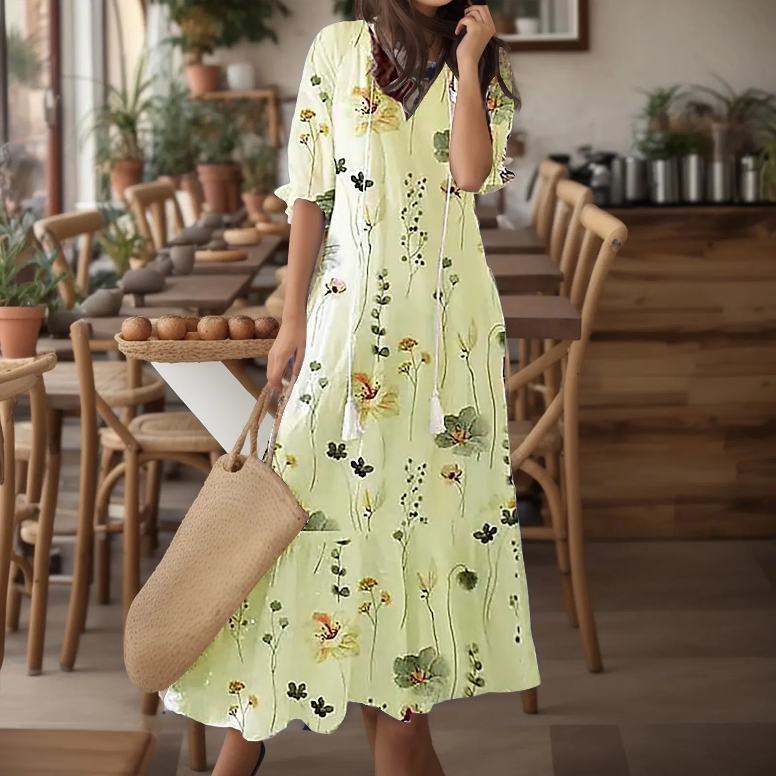 Women Dresses Casual Loose Comfortable Plus Size Dress With Tassels Bohemian Printed V Neck Long Length Woman Vestidosct