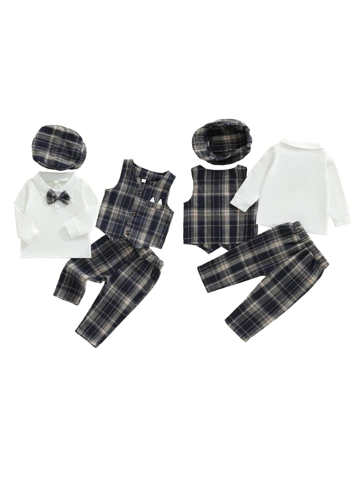 4Pcs Baby Boy Formal Wear Set with Long Sleeve Lapel Neck Shirt Plaid Button Down Vest Pants and Hat - Gentleman Outfit with