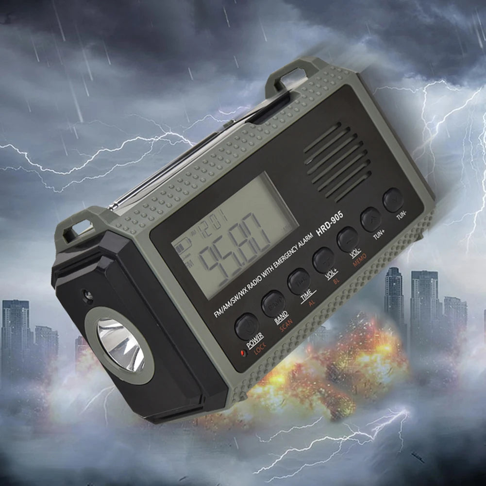 Small Rechargeable Portable Radio Solar Powered Emergency Power Bank survival with LED Flashlight USBC Charging Hand Crank Radio