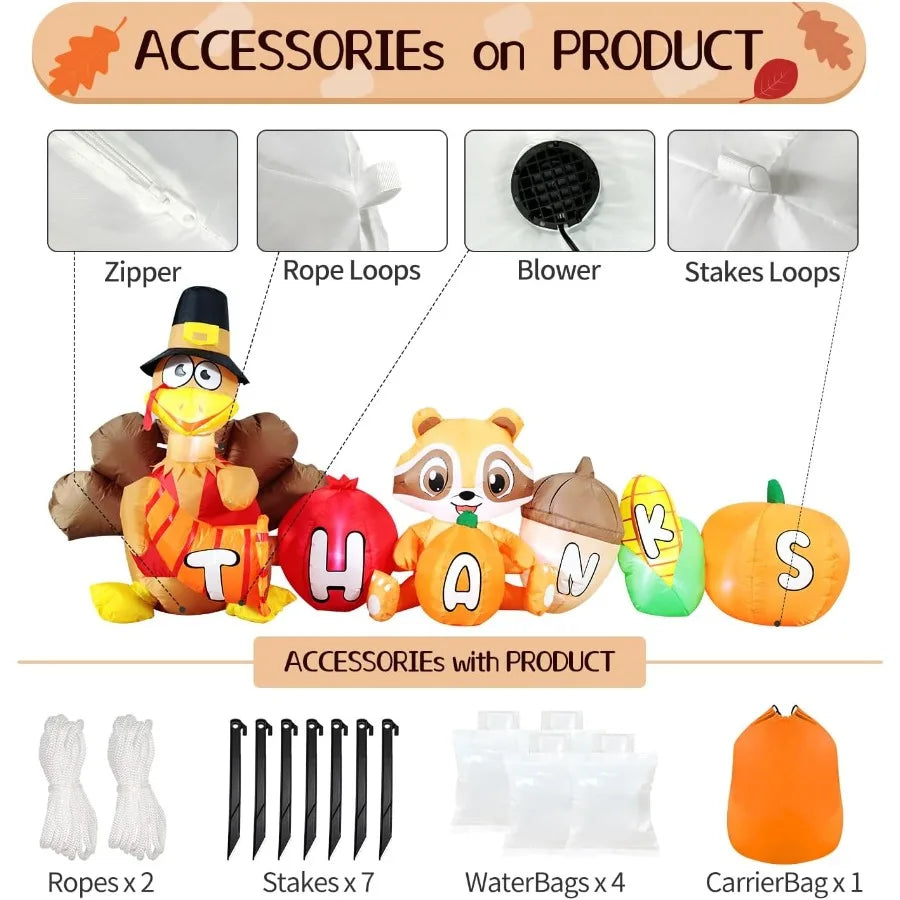 8FT Thanksgiving Inflatable Turkey Outdoor Decor with Integrated Lights for Yard Fun Perfect for Autumn Fall Harvest and Happy