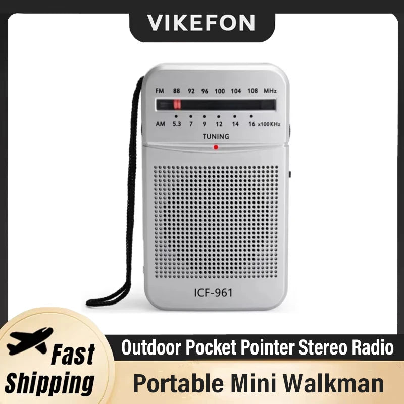 ICF-961 Portable Pocket  Radios AM FM 3.5mm AUX Mini Walkman 2 x AA Battery Outdoor Stereo Radio for Walking Hiking Camping