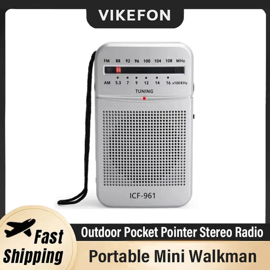 ICF-961 Portable Pocket  Radios AM FM 3.5mm AUX Mini Walkman 2 x AA Battery Outdoor Stereo Radio for Walking Hiking Camping