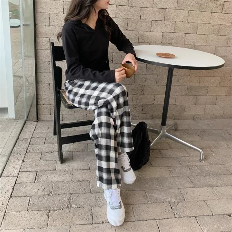 2025 Fashion Warm Plush Pants Cashmere Thick Plaid Ladies Winter Casual Loose Wide-legged Pants Korean Streetwear Students