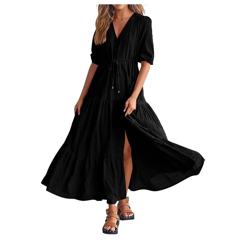 Women Button Drawstring Maxi Dresses Summer Lantern Sleeve Solid Color Boho Long Dresses Sexy A Line Tierred Large Swing Dress
