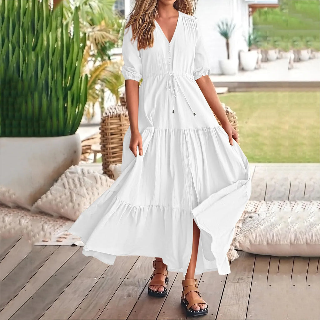 Women Button Drawstring Maxi Dresses Summer Lantern Sleeve Solid Color Boho Long Dresses Sexy A Line Tierred Large Swing Dress