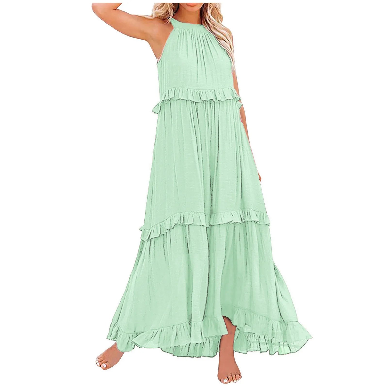 Women Casual Ruffles Long Dress Summer Elegant Sleeveless Sundress Elegant Harajuku Maxi Dress Beach Party Evening Vestidos