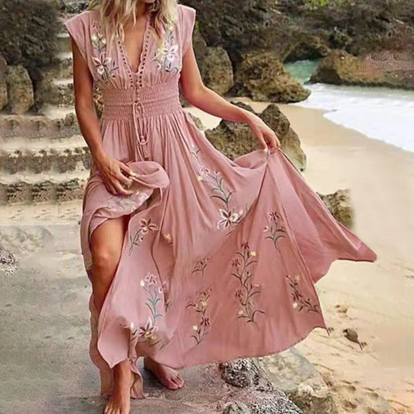 Beach Boho Dress Women Ruffled V-Neck Floral Vintage High Waist A-Line Long Dress Sleeveless Lace Up Jacquard Maxi Sundress