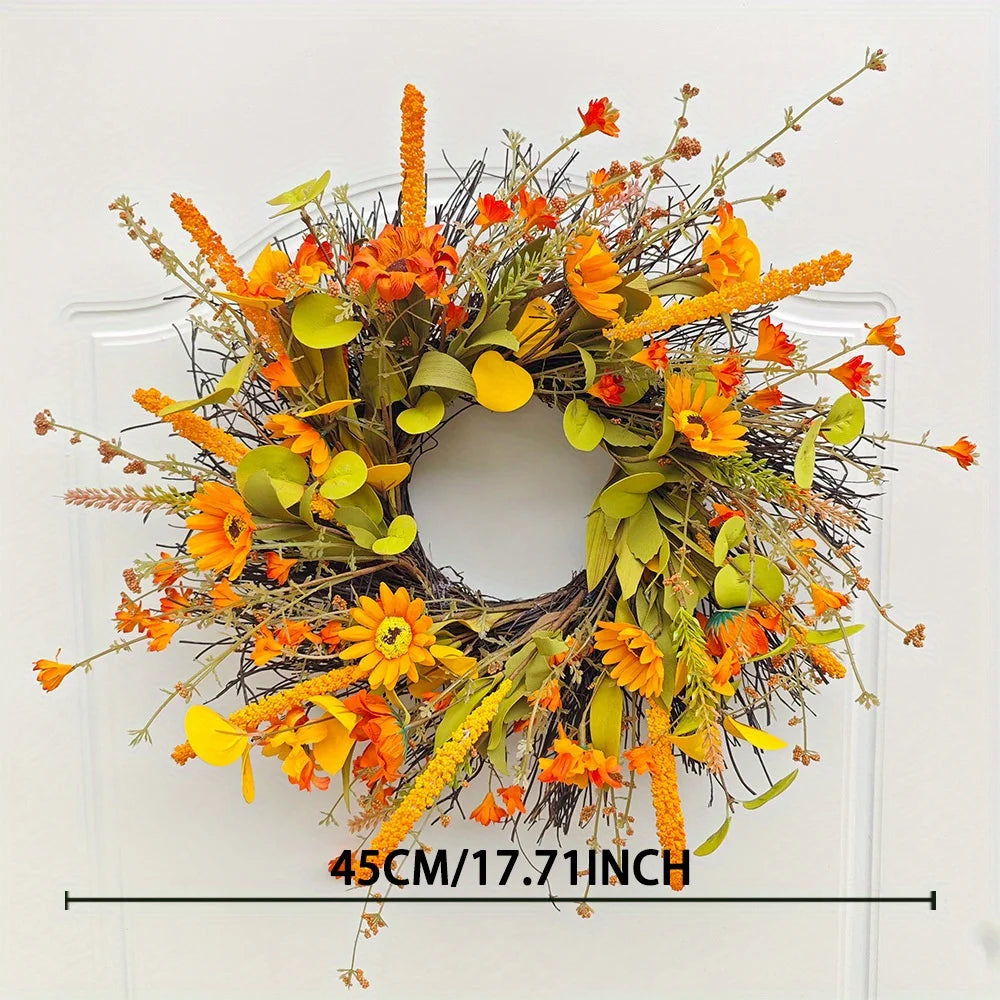 17.7" Fall Wreath for Front Door Orange Farmhouse Harvest Sunflower Wreath with Daisy Flowers Thanksgiving Wreath for Front Door