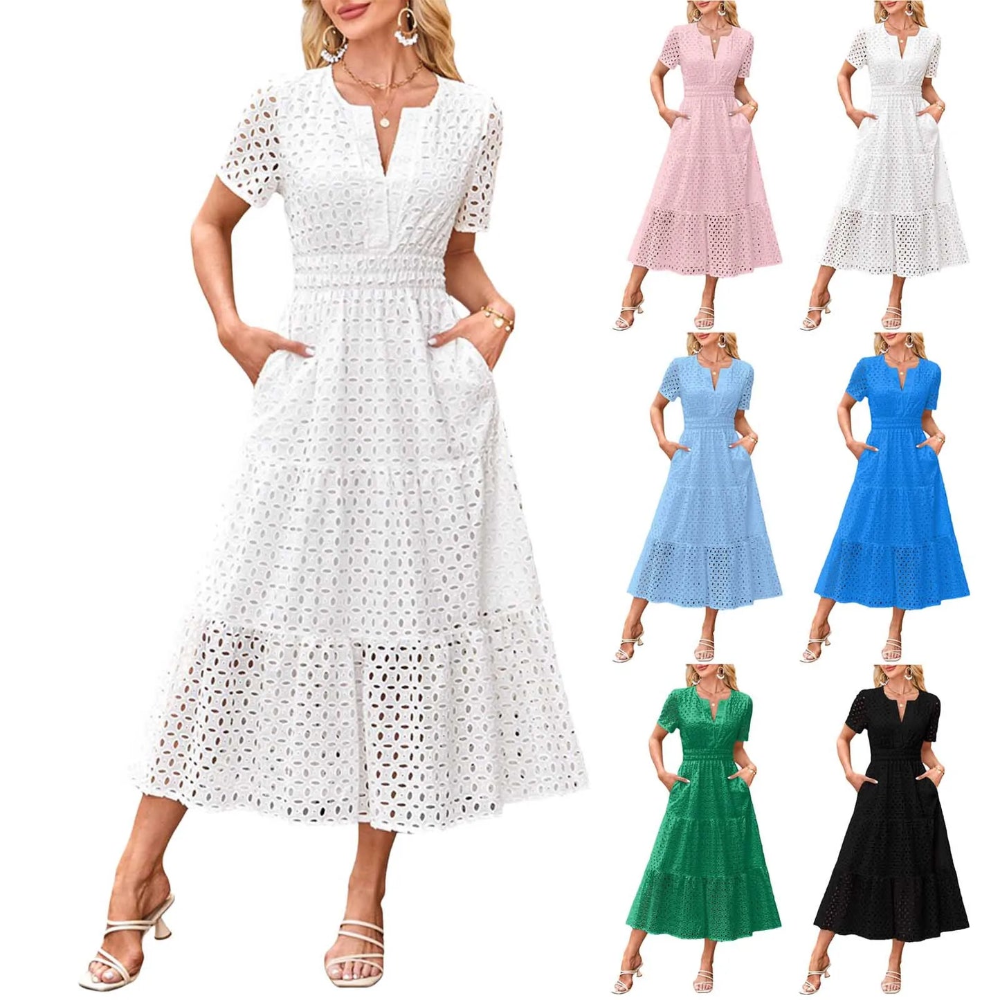 Women'S Summer Short Sleeved Long Dress Trendy V-Neck Hollow Eyelets Ruffle Hem A-Line Dress Pockets Female Temperament Dresses