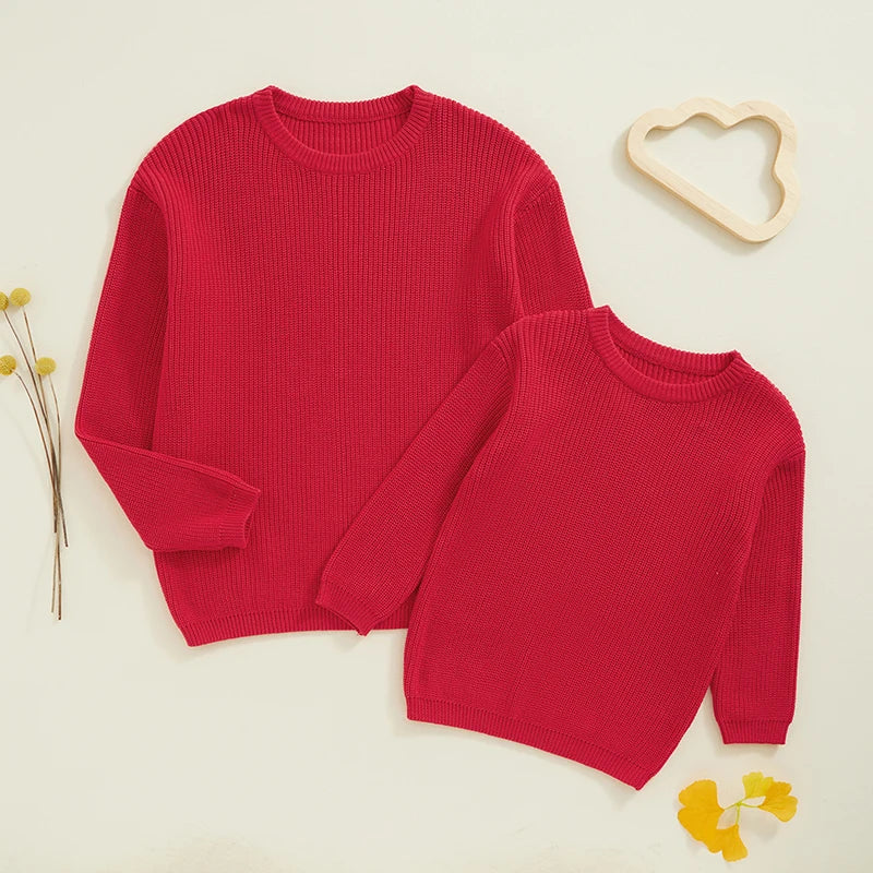 Suefunskry 1PC Mommy and Me Matching Sweaters Solid Color Knitted Long Sleeve Round Neck Warm Pullover Tops for Autumn Winter