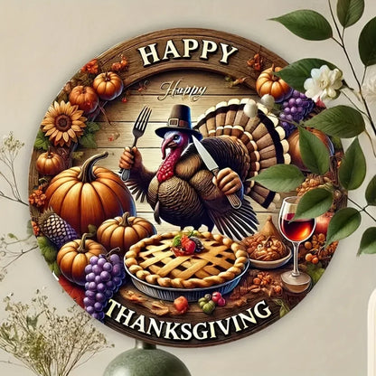 "'Happy Thanksgiving' – 1pc 2D Round Plaque | Embellished with Turkey & Autumn Harvest Motifs – Perfect for Holiday Decor"